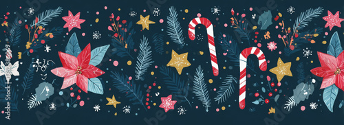 Festive Christmas border with poinsettias candy canes and stars watercolor illustration for holiday designs and backgrounds