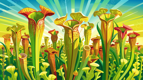Very beautiful group of Sarracenia flava pitcher plants in Santa Rosa County, Florida, glowing under sunlight with vivid green and yellow tones.
