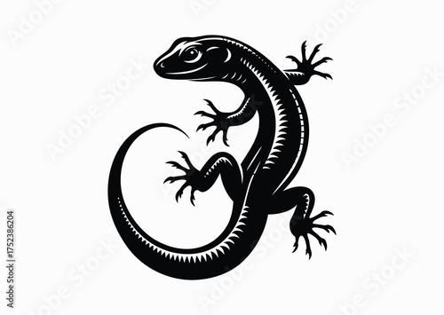 Young Komodo dragon, black and white vector silhouette