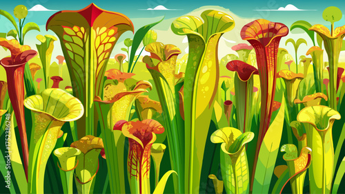 Very beautiful group of Sarracenia flava pitcher plants in Santa Rosa County, Florida, glowing under sunlight with vivid green and yellow tones.

