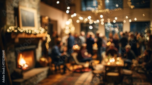 Ski lodge party. People by fireplace. Warm interior lighting. Festive winter gathering. Blurred background