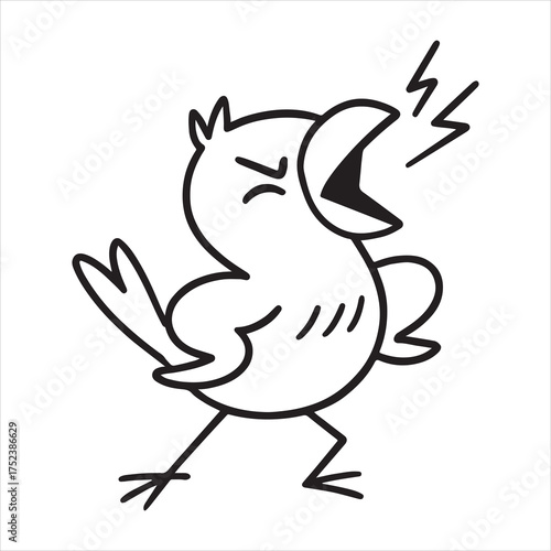 Hand drawn cute bird singing loudly illustration silhouette a white background