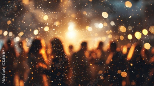 Winter party lights with silhouettes of people celebrating. Blurred background