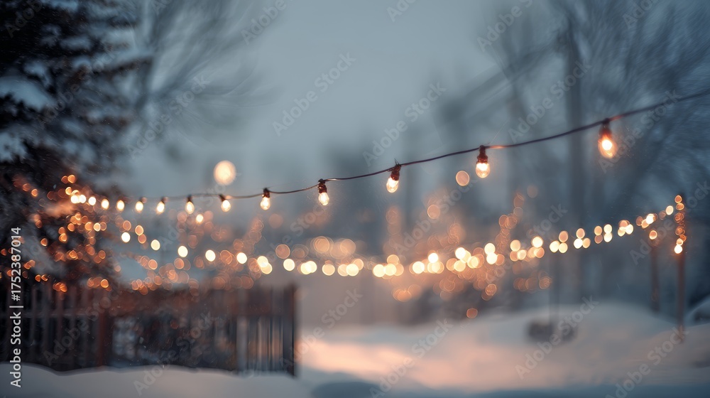 Fototapeta premium Winter string lights creating snowy evening ambiance. Blurred background