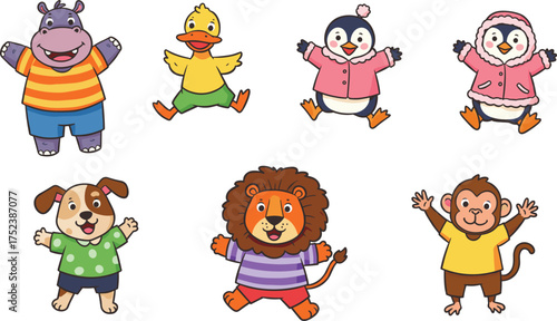 Cartoon animal character set, anthropomorphic creatures, colorful clothing, joyful pose, kids theme, vector illustration