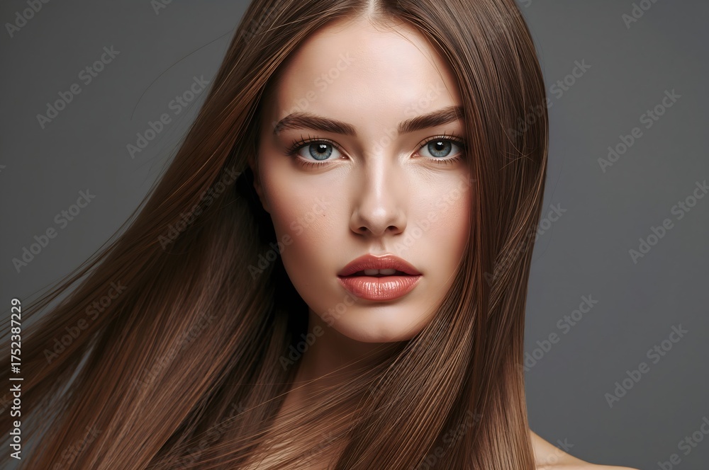Fototapeta premium A beautiful young woman with beautiful hair after using shampoo.