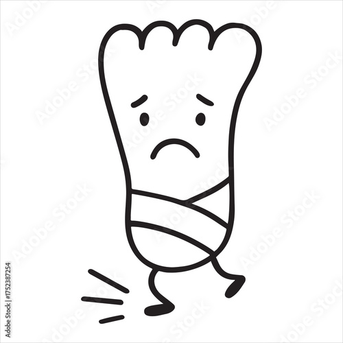 Sad injured foot with bandage walking character silhouette a white background