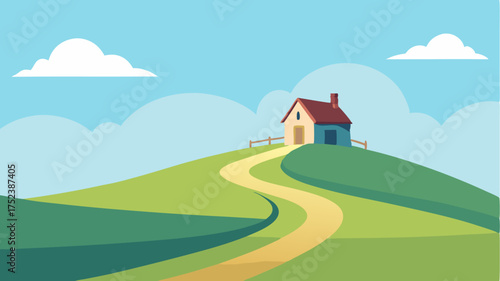 A gently sloping hillside with a pathway leading to a minimal iconic farmhouse under a vast open sky with a few thin clouds.