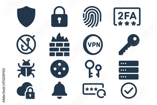 Icons representing cybersecurity elements like encryption, authentication, and protection against phishing, malware, and cyber threats, focusing on online security, firewalls, VPNs, and data safety