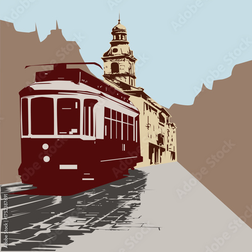 Tram in the Old Town. Vector illustration depicting an old tram on the street against the backdrop of the Old Town Hall and the silhouette of city buildings.
