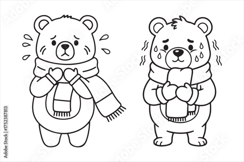 Two cartoon bears feeling cold and shivering silhouette a white background