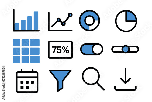 Minimalist icons for data tracking and analysis, including graphs, charts, filters, sliders, and progress indicators. Representing tools for managing data, performance, and business insights