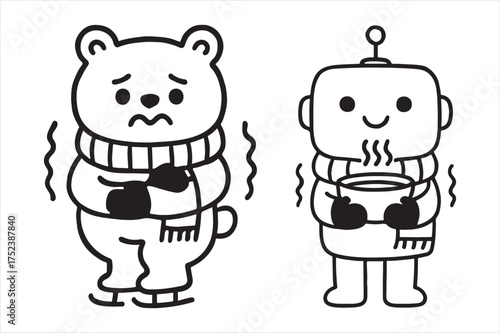 Cute bear and robot feeling cold together silhouette a white background