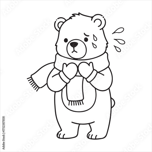 Cute bear feeling cold and sweaty silhouette a white background