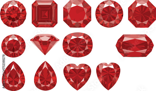 Red gemstone cut comparison, faceted shapes, jewelry design reference, gemology chart, vector illustration, brilliant stones