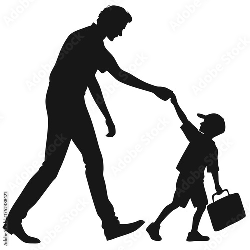 Father and son walking to school
