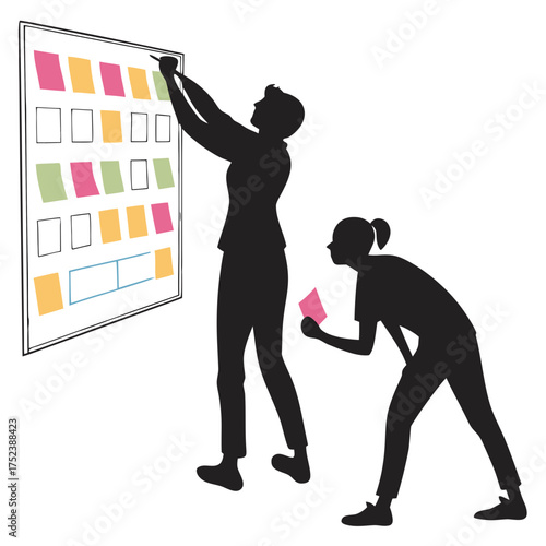 Two people brainstorming ideas on a board