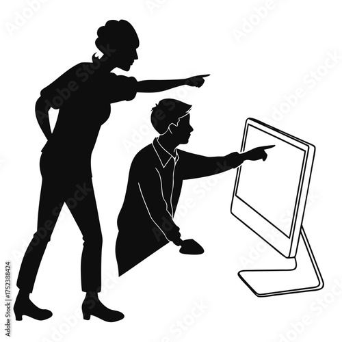 Two people pointing at a computer screen