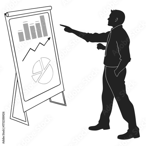 Silhouette of a businessman presenting data on a flip chart