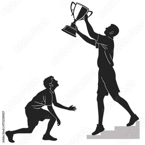 Silhouette of a man on stairs holding a trophy