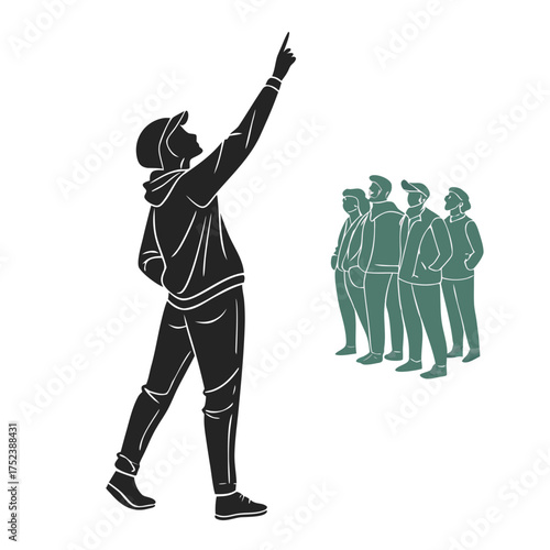 Man pointing up at something with a group of people