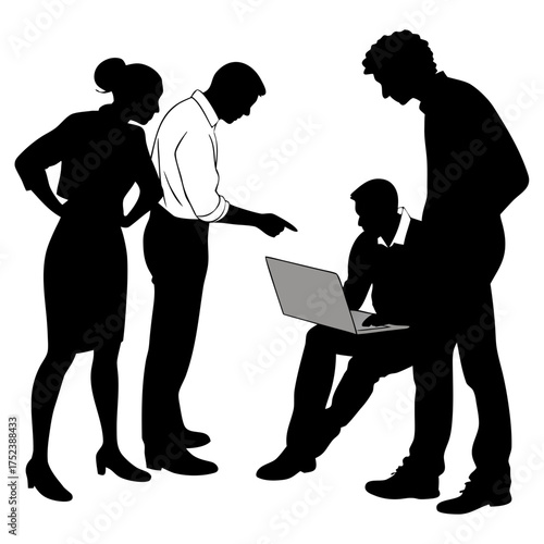 Silhouette of a group of people working on a laptop