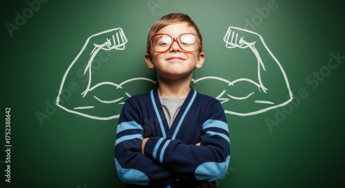 Confident young boy with glasses standing in front of chalkboard with drawn muscles, dreaming big and believing in himself, ready to face any challenge