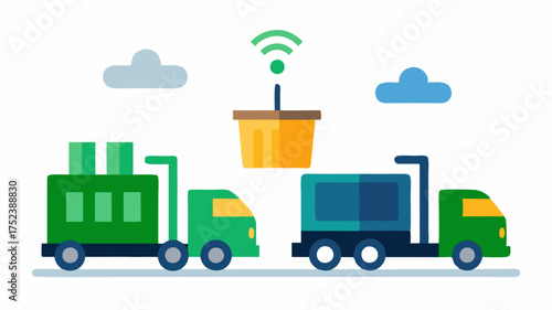 A smart waste management system depicting autonomous garbage trucks sorting recycling and organic waste with sensors on bins indicating fill levels.