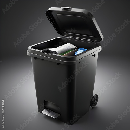 Black Rubbish Bin with Open Lid — Minimalist Design on Grey Background
