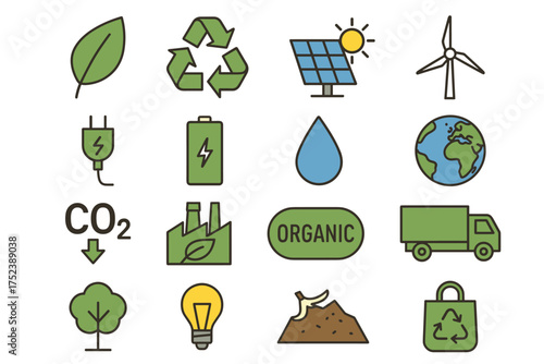 Icons representing environmental sustainability and eco-friendly practices, recycling, renewable energy, CO2 reduction, organic products, water conservation,  green technologies for a healthier planet