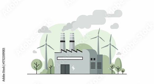 Industrial Factory with Smoking Chimneys and Wind Turbines.