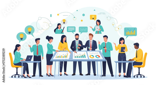 Team Collaboration Business Professionals Discussing Charts and Data, Generating Ideas Together