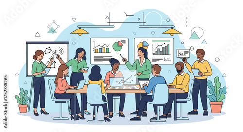 Business Meeting Illustration Diverse Team Collaboration & Data Analysis