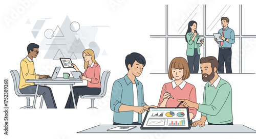 Vector illustration of a corporate team collaborating on data analysis. Business people in a modern office using technology for a project