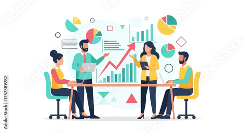 Business team meeting to discuss a project, with colleagues analyzing data charts and financial statistics on a dashboard for strategic planning