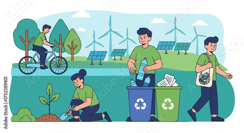 Green living and sustainability concept with people engaging in eco-friendly activities like cycling, planting, and recycling, alongside renewable energy sources