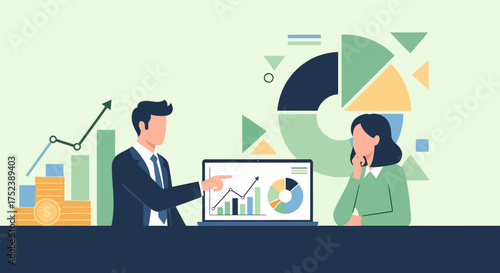 Business professionals analyzing financial data charts on a laptop screen.