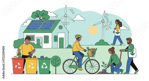 Sustainable living and eco-friendly practices illustrated with renewable energy and community engagement