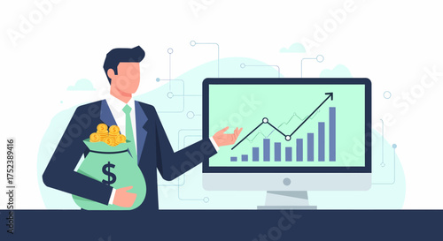 Businessman presenting financial growth and investment strategy with money bag.