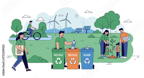 Environmental Awareness and Sustainable Living People Engaging in Recycling and Planting Trees for a Greener Future