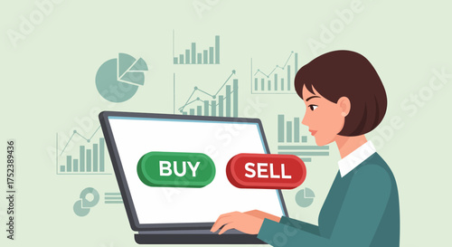 Businesswoman making a decision to buy or sell stocks online.