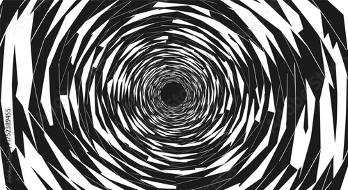 Abstract black and white spiral tunnel illusion background, geometric vortex pattern, modern optical art vector design for digital and graphic projects