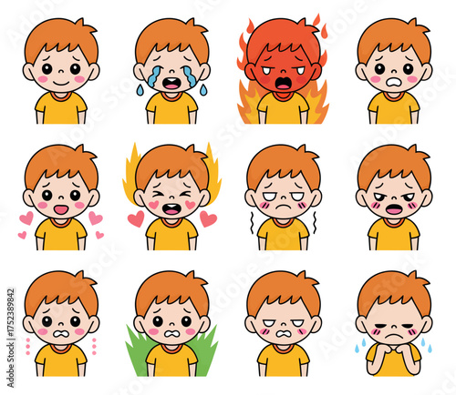 A collection of twelve cartoon illustrations of a young boy's different facial expressions and emotions.