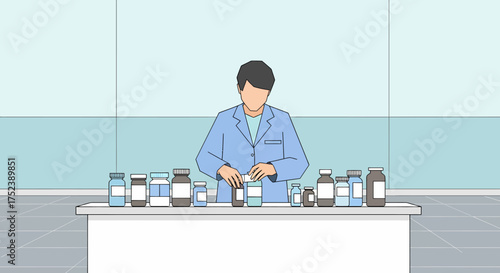 Male pharmacist in a blue coat organizing medicine bottles on a counter.