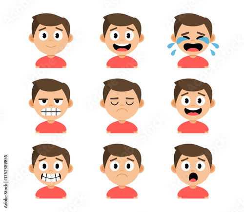 A collection of nine cartoon faces expressing various emotions like happiness, sadness, anger, and surprise.