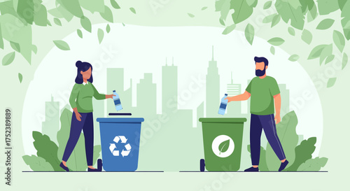 Wallpaper Mural Man and woman sorting plastic waste into recycling bins for conservation. Torontodigital.ca