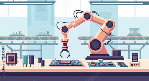 Robotic arm assembling electronic components in a factory setting.