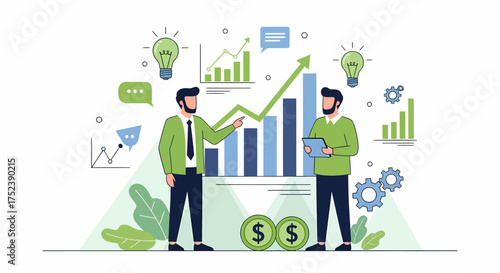 Two businessmen analyzing financial data for business growth strategy.
