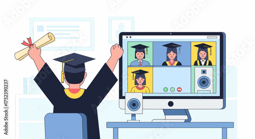 Virtual Graduation Celebration with Graduate and Online Attendees on Computer Screen.