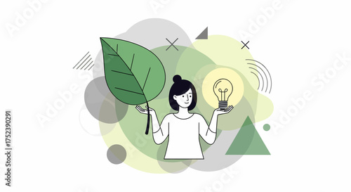 Woman holding a large green leaf and a glowing lightbulb.